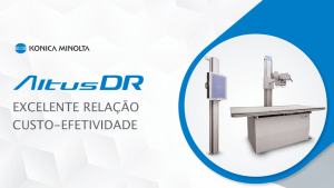 Imagem do equipamento AltusDR no canto direito. Do lado esquerdo, o logo da solução com a frase 