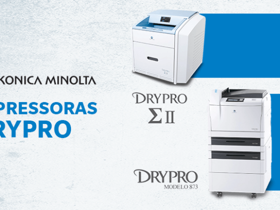 Arte de divulgação das impressoras da Konica Minolta, com as imagens do lado direito e o título 